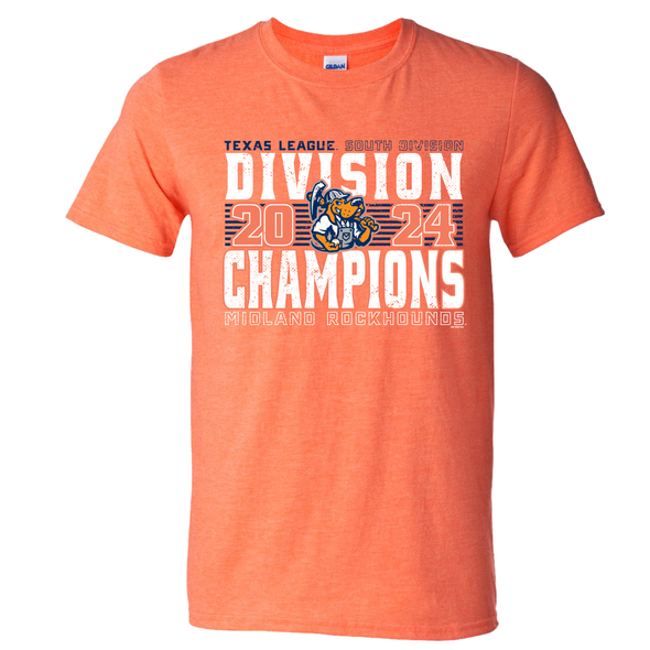 Heather Orange t-shirt showcasing "2024 Texas League South Division Champions" and "Midland RockHounds" text, with a prominent team logo in the center.