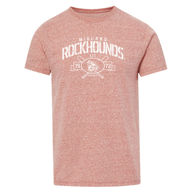 Reddish-orange snow heather tee featuring the words Midland RockHounds above the RockHounds logo in a circular design. The logo is surrounded by two crossing baseball bats, with the year '1972' split on either side