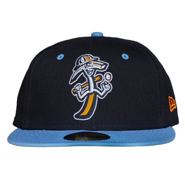 Navy hat with ocean blue trim and bill, featuring a chip mascot logo on the front and an orange New Era logo on the side