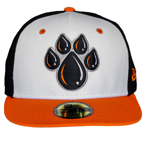 Hat with a white front and an orange bill, featuring the RockHounds paw print logo on the front. The back of the hat is navy.